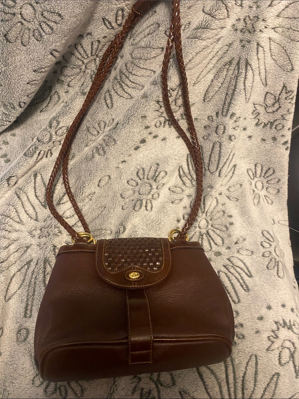 Braided Strap Brown Leather Shoulder Bag with Woven Flap